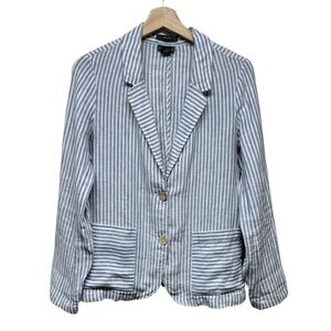 Tahari 100% Linen Striped Blazer Women M Blue White Office Nautical Coastal